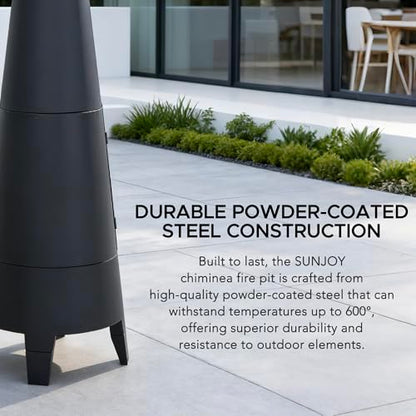SUNJOY 2-in-1 Chiminea Fire Pit & Grill, 57" Tall Outdoor Fireplace with Removable Stainless Steel Grill Grate, Spark Screen & PVC Cover for Patio, Backyard, Cooking - Black