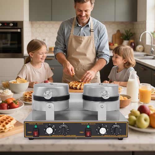 Dyna-Living Waffle Maker 2400W Double Waffle Iron Maker Restaurant Non-stick Round Waffle Machine Commercial Waffle Maker Large Waffle Machine for Hotel, Thicken Stainless Steel