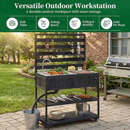 Eailaveo 41.7'' Large Patio Rolling Kitchen Island,Solid Wood Kitchen Cart with Sink,Garden Potting Bench with Stainless Table Top,2 Movable Shelves and 1 Bottle Opener (Black-RK)