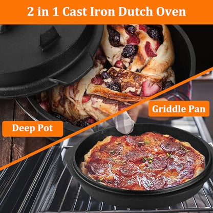 7QT Dutch Oven Camping with Lid Lifter, Leonyo 2 in 1 Cast Iron Dutch Oven for Outdoor Camping, Heavy Duty & Pre-Seasoned Deep Pot for Sourdough Bread Baking, Campfire Cooking