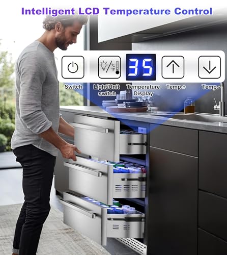 RLPI 3 Drawer Outdoor Beverage Refrigerator Undercounter, Hold 180 Cans 24 inch Weather Proof Stainless Steel Beverage Fridge, Built-in & Freestanding Beverage Cooler Fridge for Soda, Beer, Fruit