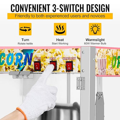Commercial Popcorn Machine with 8 Oz Kettle, 850 W Countertop Popcorn Maker for 48 Cups per Batch, Theater Style Popper with 3 Switch Control Steel Frame Tempered Glass Doors (pink, 8OZ)