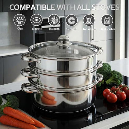 AuFranc® 5 Quart Steamer for Cooking - Stainless Steel Steam Pot with Steamer Basket, Multipurpose Cooking Stock Pot with Tempered Glass Lid, Non-Toxic Cookware for Slow Cooking and Steaming (Silver)