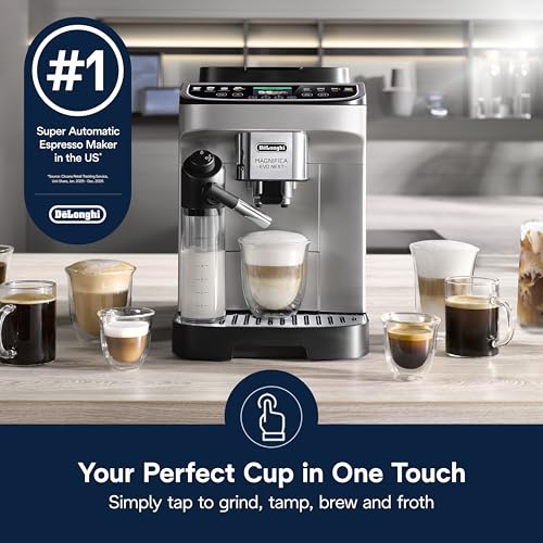 De'Longhi Magnifica Evo Next Fully Automatic Espresso Machine - Programmable Coffee Maker with Grinder and Milk Frother - Hot & Cold Brewer for Espresso, Latte, Cappuccino, Americano, Tea and More