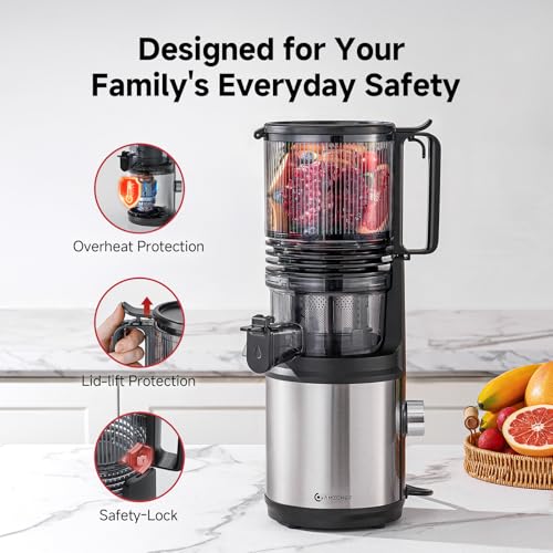 Cold Press Juicer Machine with 6" Extra-Wide Feed Chute,Triple Stainless Steel Filter,Quiet DC Motor,Easy to Clean,Slow Masticating Juicer High Juice Yield, Grey
