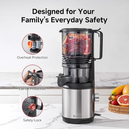 Cold Press Juicer Machine with 6" Extra-Wide Feed Chute,Triple Stainless Steel Filter,Quiet DC Motor,Easy to Clean,Slow Masticating Juicer High Juice Yield, Grey
