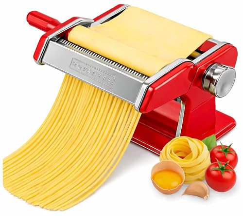 Nuvantee Pasta Maker with 7 Adjustable Thickness Settings - 3 in 1 Noodle Maker with Rollers & 2 Width Cutters for Fresh Spaghetti, Fettuccini, Lasagna, Dumplings & More - Red