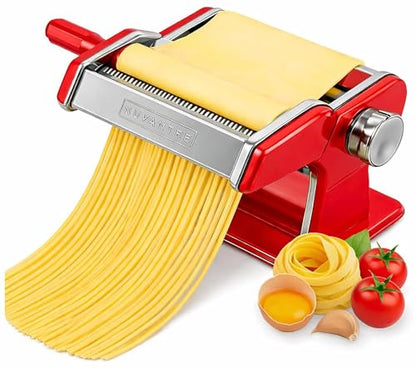 Nuvantee Pasta Maker with 7 Adjustable Thickness Settings - 3 in 1 Noodle Maker with Rollers & 2 Width Cutters for Fresh Spaghetti, Fettuccini, Lasagna, Dumplings & More - Red