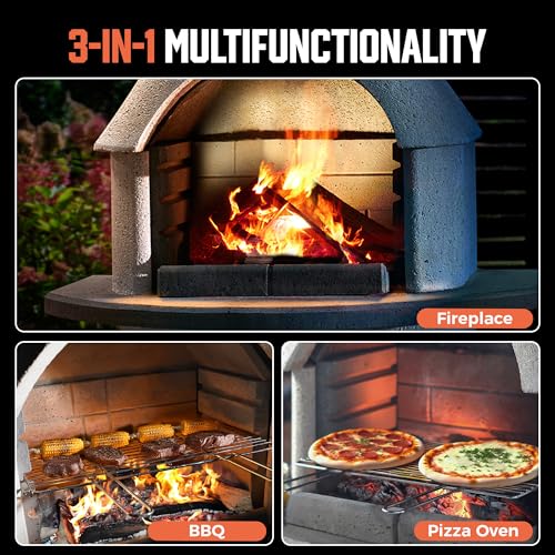 BIG HORN PRIME Concrete Outdoor Fireplace with Grill, Wood Burning Fireplace with Wood Storage and Chimney, Include Grill Rack & Charcoal Pan, 79.9”H