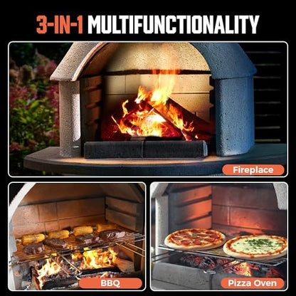 BIG HORN PRIME Concrete Outdoor Fireplace with Grill, Wood Burning Fireplace with Wood Storage and Chimney, Include Grill Rack & Charcoal Pan, 79.9”H