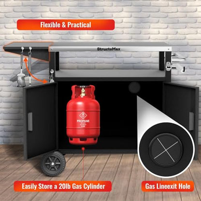 StructoMax XL Outdoor Grill Cart with Cabinet, Extra-Wide Stainless Steel Table Top, Large Spice Rack & Lockable Wheels, Outdoor Kitchen Island Grill Table for BBQ, Cooking & Prep