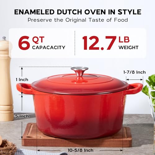 Onader Dutch Oven Pot with Lid, 6 QT Enameled Cast Iron Round Dutch Oven for Bread Baking, Heavy Duty Cast Iron Pot - Red