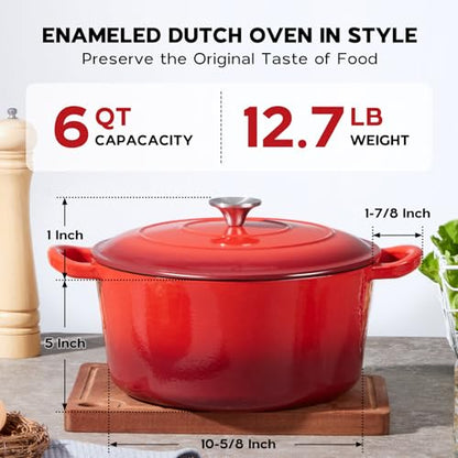 Onader Dutch Oven Pot with Lid, 6 QT Enameled Cast Iron Round Dutch Oven for Bread Baking, Heavy Duty Cast Iron Pot - Red