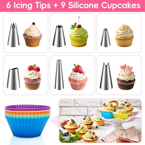Dessert Decorating Syringe Set, Frosting Piping Kit Stainless Steel Cake Decorating Tools with 6 Piping Tips & 9 Silicone Cupcake, Cake Decorating Kit for Beginners