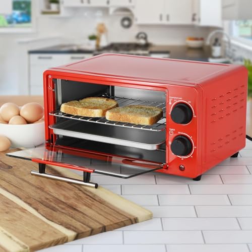 9.5 Quart Electric Countertop Toaster Oven, Compact Red Kitchen Oven with Adjustable Temperature & Quartz Heating (Red)