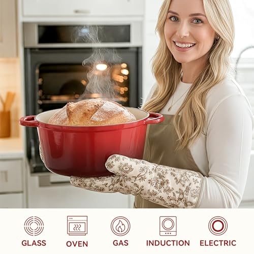 6 Quart Dutch Oven Pot with Lid, Non Stick Enameled Cast Iron Dutch Oven for Bread Baking, Heavy-Duty, Oven Safe Ceramic Cookware Up to 500°F for Baking, Braising, Stews, Roasting, Red