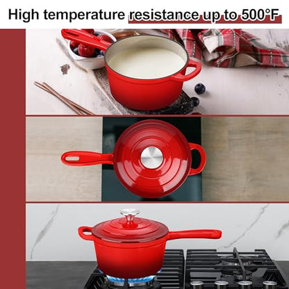 Enameled Cast Iron Sauce Pan with Lid, Leonyo 2 Quart Saucepan with Lid, Enamel Cast Iron Dutch Oven Kitchen Cookware for All Cooktops Making Pasta Sauce, Milk, Oatmeal - Up to 500°F & 6.7Lbs, Red