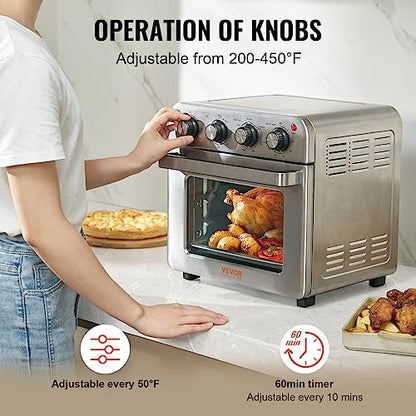 VEVOR 7-IN-1 Air Fryer Toaster Oven, 18L Convection Oven, 1800W Stainless Steel Toaster Ovens Countertop Combo with Grill, Pizza Pan, Gloves, 6 Slices Toast, 10-inch Pizza, Home Use