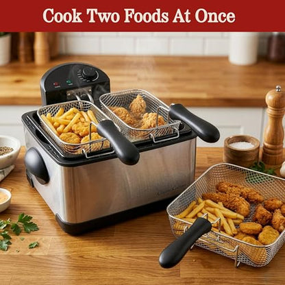 Deep Fryer - 4-Liter Electric Oil Fryer - 1 Large Basket and 2 Small for Dual Use - Stainless-Steel Cooker with Cool Touch Feature, See-Through Lid and Double Odor Filter Technology by Classic Cuisine