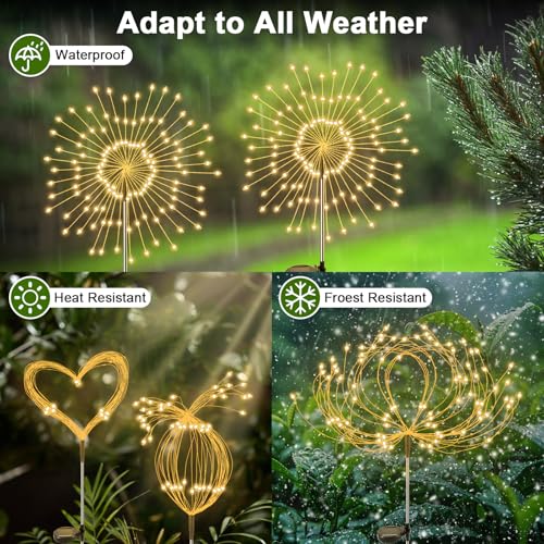 YaaFen Solar Garden Lights Outdoor, 2 Pack 120 LED Twinkling Firework Lights Decorative with 2 Modes, Outdoor Waterproof Solar Starburst Light for Outside Yard Pathway Garden Decor, Warm White