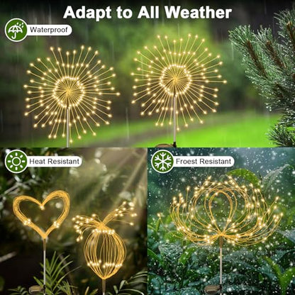 YaaFen Solar Garden Lights Outdoor, 2 Pack 120 LED Twinkling Firework Lights Decorative with 2 Modes, Outdoor Waterproof Solar Starburst Light for Outside Yard Pathway Garden Decor, Warm White