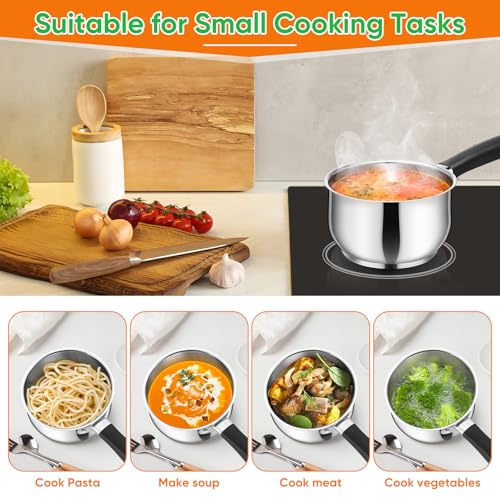 P&P CHEF 1 Quart Sauce Pan with Lid, Stainless Steel Saucepan, Small Milk Pot for Multipurpose Cooking, Visible Glass Lid & Stay-cool Silicone Handle & Tri-Ply Base, For All Stoves & Dishwasher Use
