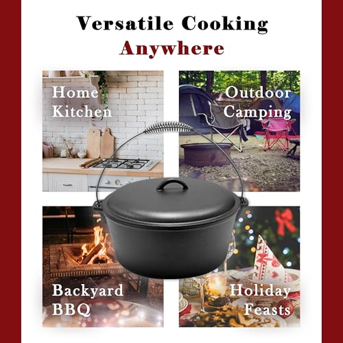 Cuisiland 9 Quart Cast Iron Dutch Oven with Dome Lid & Bail Handle – Pre-Seasoned Campfire Pot for Outdoor Cooking, Baking, Braising & Stews – Heavy-Duty, Even-Heat Casserole Pot for Camping & Home Use