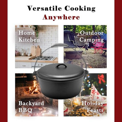 Cuisiland 9 Quart Cast Iron Dutch Oven with Dome Lid & Bail Handle – Pre-Seasoned Campfire Pot for Outdoor Cooking, Baking, Braising & Stews – Heavy-Duty, Even-Heat Casserole Pot for Camping & Home Use