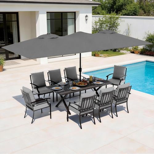 Trumbeak 10 Pieces Patio Dining Set,Metal Outdoor Furniture Set Includes 13.6FT Grey Umbrella,Hole Cut-Out 78.7" x 35.4" Table and 8 Metal Backrest Chairs for Backyard,Garden,Grey