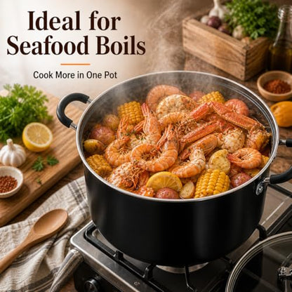 Alpine Cuisine 10Qt Aluminum High Stock Pot with Glass Lid, Nonstick Black Coated Cooking Pot, Large Capacity Soup & Pasta Pot with Handles, Durable & Lightweight Cookware for Family Meals