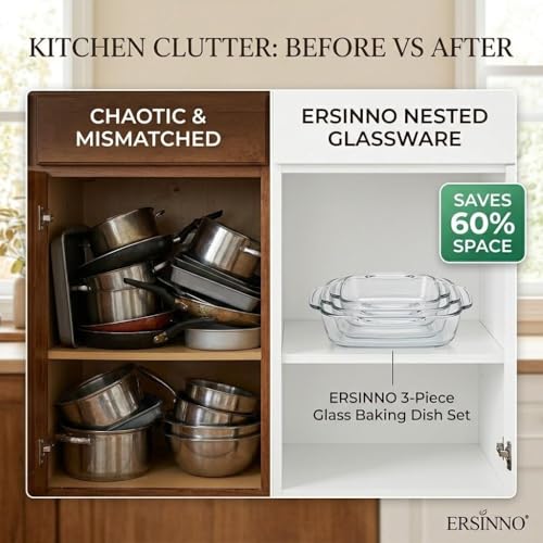 ERSINNO 3-Piece Borosilicate Glass Baking Dish Set - Nestable Square Casserole Dish for Oven, Microwave, Freezer - 752°F Heat Resistant, Clear Glass Roasting Pans for Lasagna, Leftovers, Meal Prep（1 QT,1.2 QT,2 QT)