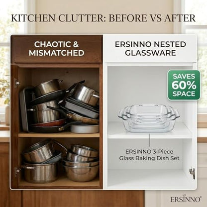 ERSINNO 3-Piece Borosilicate Glass Baking Dish Set - Nestable Square Casserole Dish for Oven, Microwave, Freezer - 752°F Heat Resistant, Clear Glass Roasting Pans for Lasagna, Leftovers, Meal Prep（1 QT,1.2 QT,2 QT)