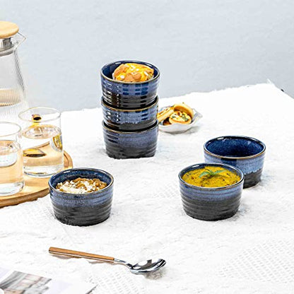 Henten Home Ceramic 8 oz Ramekins Set of 6, Porcelain Souffle and Creme Brulee Ramekins, Oven Safe Small Bowls, Reactive Glaze (Blue)