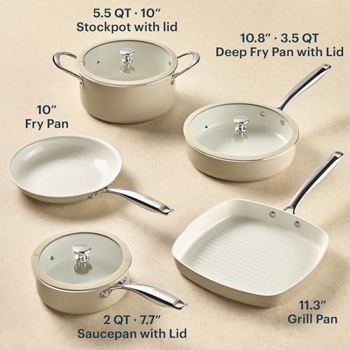 Pyrex 8-Piece Ceramic Cookware Set, Pots and Pans with Lids & Stainless Steel Handles, Healthy Nonstick Ceramic Coating, Induction Compatible Stainless Steel, PFAS Lead Cadmium BPA Free