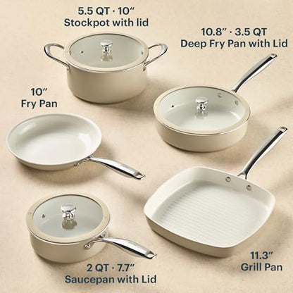 Pyrex 8-Piece Ceramic Cookware Set, Pots and Pans with Lids & Stainless Steel Handles, Healthy Nonstick Ceramic Coating, Induction Compatible Stainless Steel, PFAS Lead Cadmium BPA Free