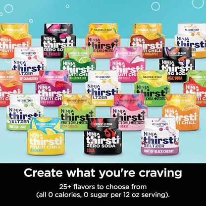 Ninja Thirsti Drink System, Soda Maker, Create Unique Sparkling & Still Drinks, Personalize Size & Flavor, Carbonated Water Machine, 60L CO2 Cylinder & Variety of Flavored Water Drops, Black WC1001