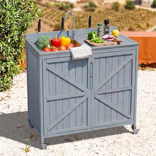 LUMISOL Outdoor Grill Cart with Stainless Steel Top, Farmhouse Outdoor Rolling Kitchen Island with Sink, Hose Hook Up & Faucet, 39.4" Kitchen Table with Back Splash & 4 Wheel, Grey+Blue