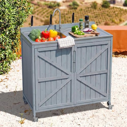 LUMISOL Outdoor Grill Cart with Stainless Steel Top, Farmhouse Outdoor Rolling Kitchen Island with Sink, Hose Hook Up & Faucet, 39.4" Kitchen Table with Back Splash & 4 Wheel, Grey+Blue