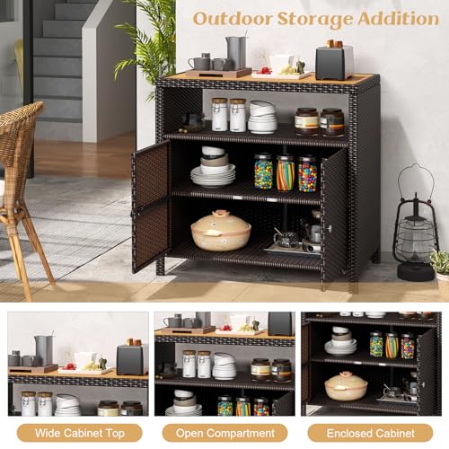 Tangkula Rattan Outdoor Storage Cabinet, Patiojoy Outdoor Cabinet with Acacia Wood Countertop, Open Compartment, 2-Door Wicker Sideboard, Outdoor Bar for Patio Garden Backyard Poolside (Mix Brown)