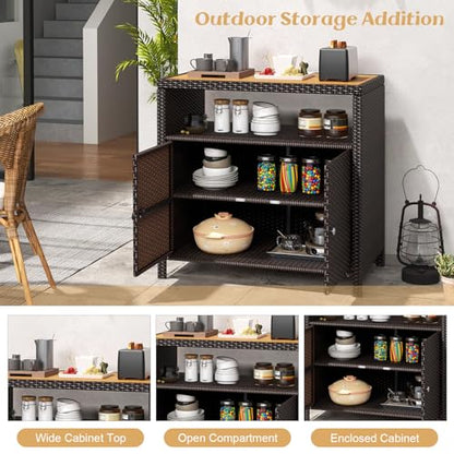 Tangkula Rattan Outdoor Storage Cabinet, Patiojoy Outdoor Cabinet with Acacia Wood Countertop, Open Compartment, 2-Door Wicker Sideboard, Outdoor Bar for Patio Garden Backyard Poolside (Mix Brown)