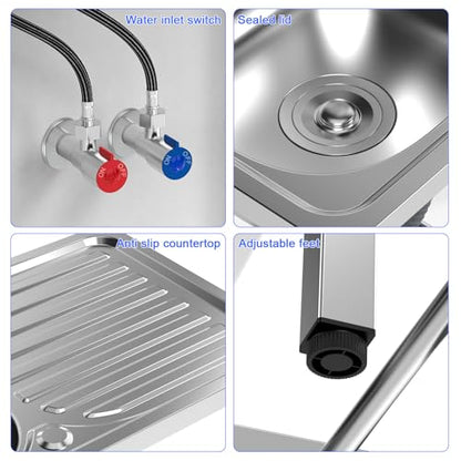 Stainless Steel Utility Sink Set, Freestanding Single Bowl Kitchen Sink, Outdoor Sink Station with Hose Hook Up, Storage Shelves for Garage, Restaurant, Kitchen, Laundry Room (Stainless Steel)