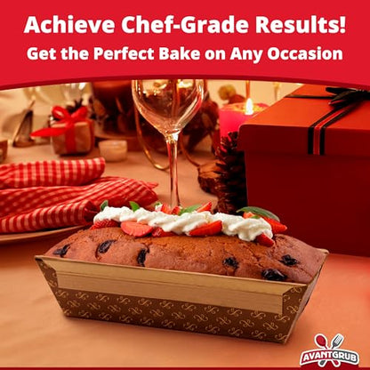 Avant Grub Baking Pan Chef Grade 1Lb Paper Loaf Pans 10 Pk. Elegant Disposable Bakeable Kraft Pan Supplies for Baking Bread, Small Meatloaf, Bundt Cake, Sweets, Kraft Paper - With Lids