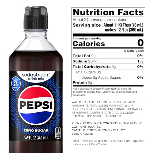 SodaStream Pepsi Zero Sugar Drink Mix, 4 Pack Cola Syrup for Sparkling Water Makers, Real Taste Pepsi Zero Syrup, Control Your Fizz with Soda Stream Flavors, 4 x 14.9 Fl Oz (440ml)