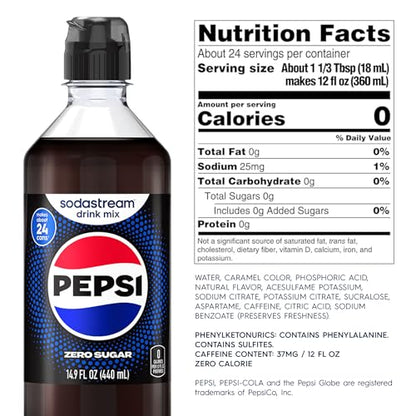SodaStream Pepsi Zero Sugar Drink Mix, 4 Pack Cola Syrup for Sparkling Water Makers, Real Taste Pepsi Zero Syrup, Control Your Fizz with Soda Stream Flavors, 4 x 14.9 Fl Oz (440ml)