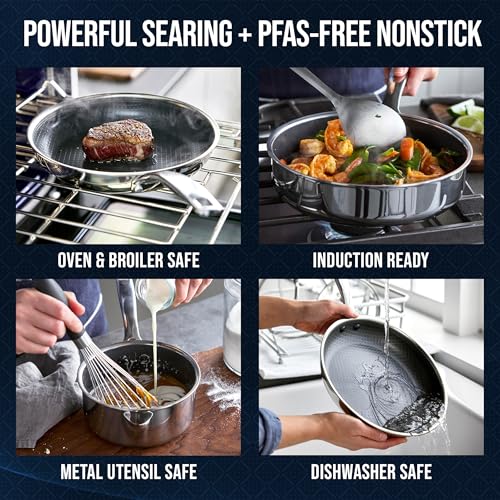 Blue Diamond Hybrid Nonstick Stainless Steel 16 Piece Cookware Set, Tri-Ply PFAS-Free Ceramic Diamond Bond Pots & Pans, Dishwasher & Oven Safe to 850F, Induction Ready, Metal Utensil Safe, Silver