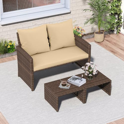 Tangkula Outdoor Loveseat with 2 Ottomans, 3 Pieces Patio PE Wicker Furniture Set with Cushions, Outside Rattan Conversation Set for Balcony, Garden and Backyard (Brown)