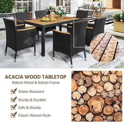 Yaheetech 7 Piece Patio Furniture Set, Outdoor Dining Acacia Wood Table Top Rattan Conversation with Soft Cushions, 6 Chairs & 1 Table for Backyard, Deck, Garden & Yard, Black/Beige