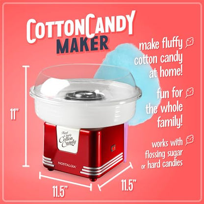 Nostalgia Cotton Candy Machine - Retro Cotton Candy Machine for Kids with 2 Reusable Cones, 1 Sugar Scoop, and 1 Extractor Head – Red