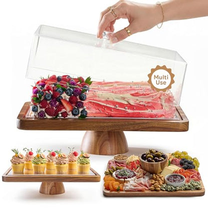 HOMESPHERE Acacia Wood Cake Stand with Lid - Rectangular Cake Holder, 2-in-1 Dessert Table Display Set & Charcuterie Board for Cheese, Chips, Fruit Platter, Large Acrylic Cake Dome Cover, No Glass