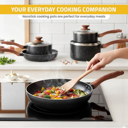 KICHLY Granite Pots and Pans Set Non Stick 8 Piece Cookware Set, Induction Frying Pans, Saucepan with Lids, Induction Compatible Cookware, PFOA-Free Non-Stick Cooking Set, Black